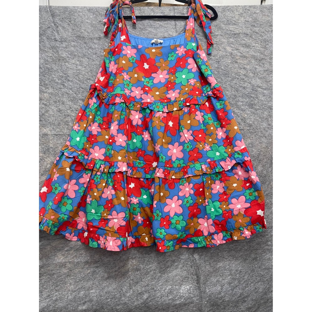 Entro Women Floral Tiered Mini Dress Blue Multicolor Tie Shoulder Cotton Large - Picture 3 of 8